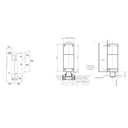 Gâche applique reversible 90 mm émission 2 temps 12 VAC/DC