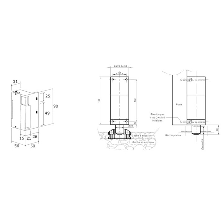 Gâche applique reversible 90 mm émission 2 temps 12 VAC/DC