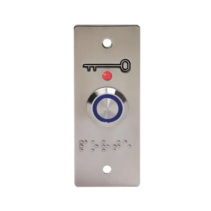 Bouton poussoir lumineux bleu avec plaque d'encastrement conforme PMR
